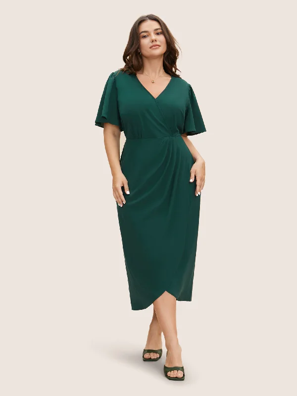 Solid Pleated Ruffle Sleeve Wrap Hem Dress