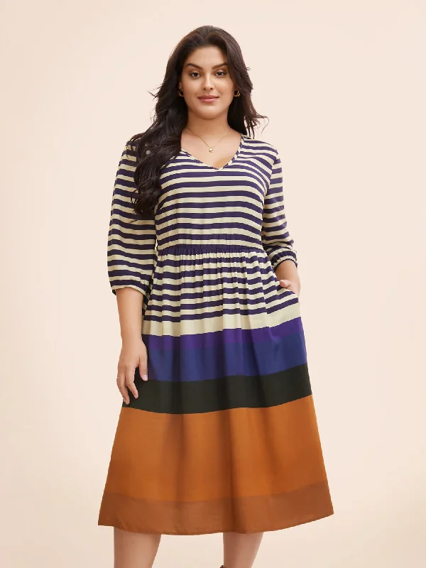 Striped Patchwork Contrast Gathered Midi Dress